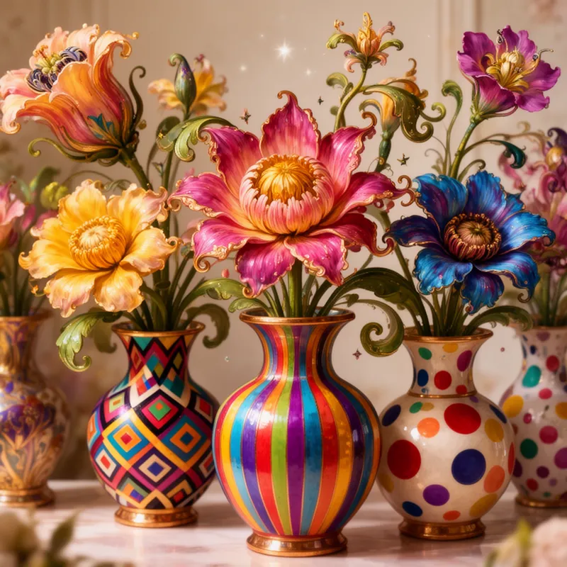 Ornate Vases with Fantastical Flowers - A vibrant still life scene filled with fantastical flowers in ornate patterned vases, each flower rendered with intricate petals, curling shapes, and rich decorative details. The vases display striking geometric motifs, colorful stripes, and oversized polka dots. Whimsical, elegant, and dreamlike composition with saturated colors and a sense of magical wonder. - AI image generated with Flux 2