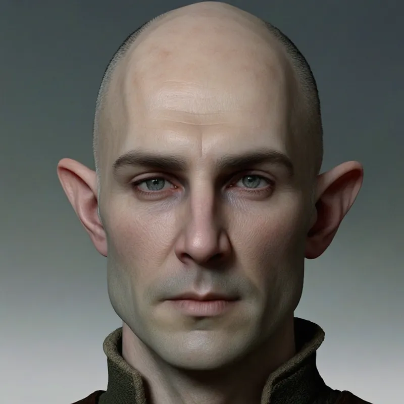 Otherworldly Human Realism - A high-definition realistic portrait of a man with understated elvish traits blended into a fully human appearance. He has pale skin, a narrow sculpted face, strong jawline, hollow cheeks, and a distinct chin dimple. His eyes are dark gray and deeply thoughtful. Thin gray hair or a bald head contributes to his austere, timeless character. Use dramatic cinematic lighting, muted tones, and detailed skin realism for an elegant atmospheric result. - AI image generated with Photorealistic
