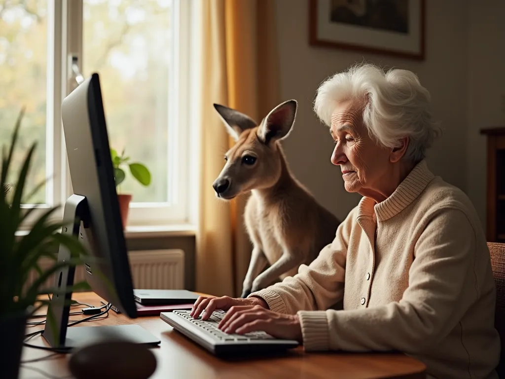 Outback Digital Duo - A charming scene of an elderly woman typing away at her computer in a cozy home setting. Next to her, a curious kangaroo peers at the screen, showing a unique bond between the two. - AI image generated with Photorealistic 2