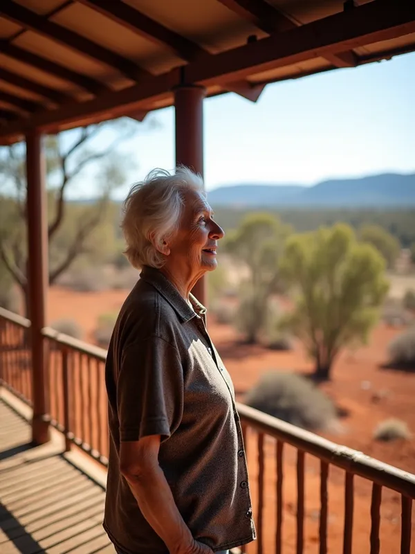 Outback Wisdom - An elderly woman, full of life experience, stands proudly on her wide verandah, with the breathtaking Australian scenery of red earth, eucalyptus trees, and distant mountains behind her. - AI image generated with Photorealistic 2 - profile view