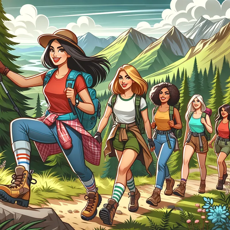 Outdoor Adventure - A dynamic cartoon illustration of women on an exciting hiking trip. They are equipped with backpacks, hiking boots, and outdoor gear, trekking up a scenic mountain trail. The background showcases lush greenery, towering trees, and a breathtaking view from the heights they have reached. - AI image generated with Art