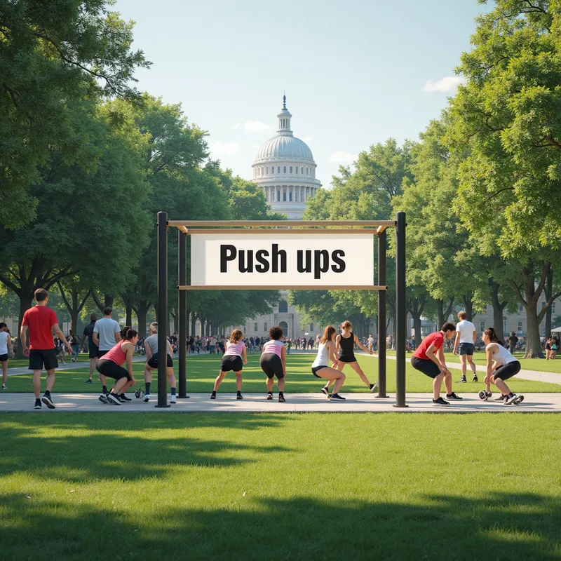 Outdoor Fitness Hub - Design an outdoor gym in a park setting, where a large banner labeled 'Push ups' is displayed near an area filled with people exercising. - AI image generated with Photorealistic 2