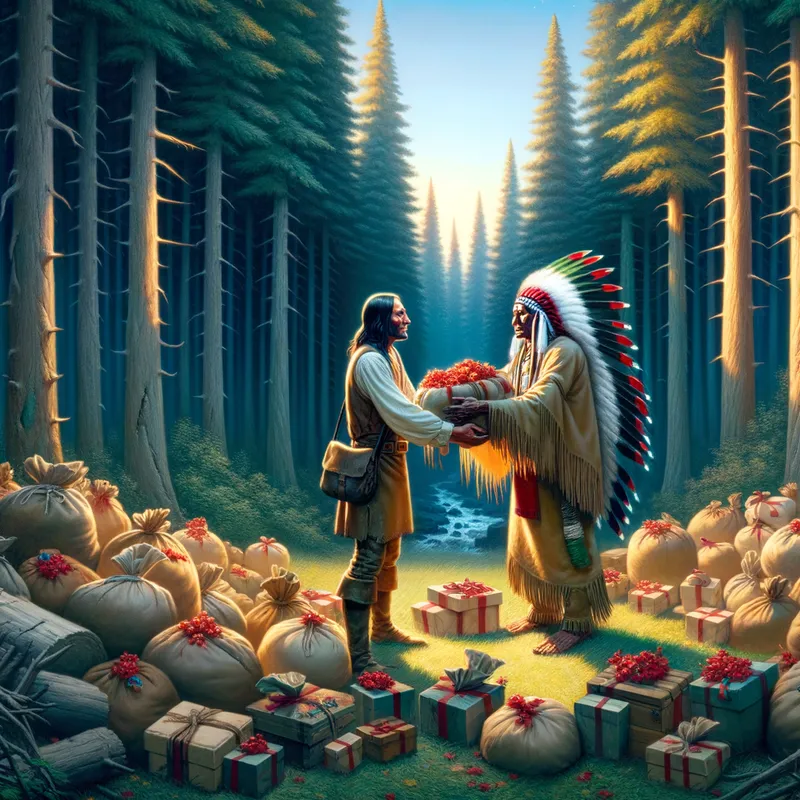 Overflowing Gifts - A vignette of a Native American overflowing a settler's arms with gifts, causing some to fall. The setting is a dense forest with tall trees and a clear sky. - AI image generated with Art