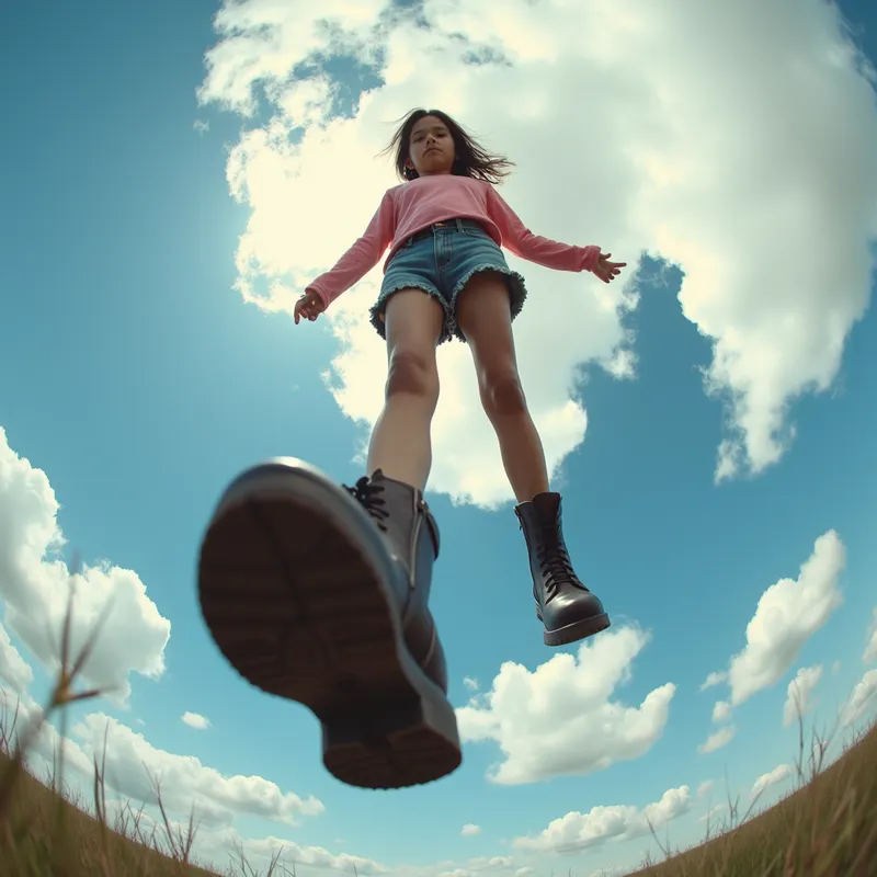 Overhead Boot Smash Perspective - A fisheye-lens style, upward-facing view from the ground as a massive booted foot hurtles downward. The girl’s legs stretch up into the clouds, with her confident expression barely visible above, exuding power and a sense of scale that makes the viewer feel tiny and vulnerable. - AI image generated with Photorealistic 2