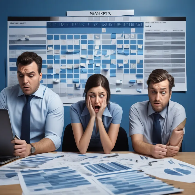 Overwhelmed Marketing Team - An image depicting the essence of overwhelming work. A photorealistic 3-person marketing team with tired expressions sit around an office table amidst a swirl of floating calendars, to-do lists, and downward trending chart. The color palette uses shades of blue and grey to convey business and tiredness. They are in an office setting. The overall scene portrays the people struggling to manage their work, suggesting control and productivity.
- AI image generated with Photorealistic