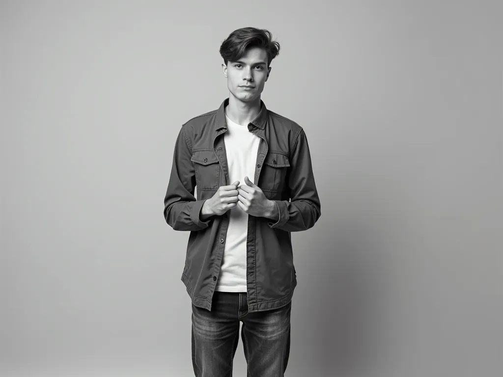 Overworked and Underpaid - Young employee in a dependent relationship with a very low salary, dressed in very casual work clothes
Black and White
Monochromatic gray background - AI image generated with Photorealistic 2