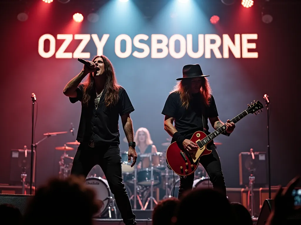 Ozzy & Rhoades Live Spectacle - Ozzy Osbourne on stage singing with Randy Rhoades next to him playing guitar and headbanging. They are on stage performing live in front of thousands of fans. The words "OZZY OSBOURNE" are lit up brightly in the background  - AI image generated with Text
