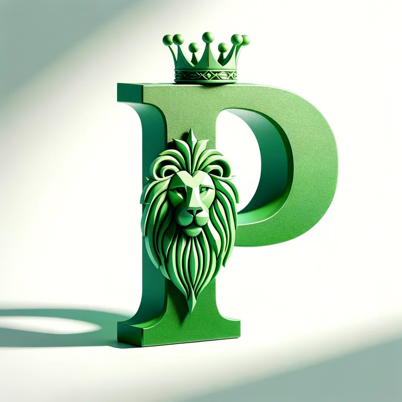 P Crown Diamond Shadow - alphabet "P" green color with loin shadow and on the top complete cover by a crown with Dimond cuts and a image have white back ground - AI image generated with Art