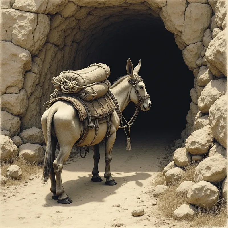 Pack Mule at the Cave Mouth - A medieval laden mule stands just outside a rugged cave entrance, carrying weathered packs, rope, and supplies. The scene is set in a rocky mountain landscape with soft morning light, earthy textures, and a cinematic historical atmosphere. - AI image generated with Photorealistic 2 - stippling drawing, sepia tone