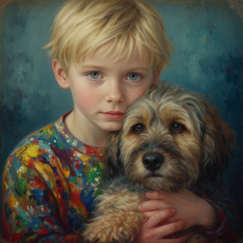 Painted Bond in Blue-Green - Create a handcrafted acrylic-style fine art portrait of a blonde-haired boy with storm-grey eyes gently embracing a cherished dog. Use soft, diffused lighting to highlight the boy’s colorful abstract shirt splashed with vivid paint tones. The dog should feature lush, textured fur painted with expressive brushstrokes. Surround them with moody blue-green textured backgrounds, folk-art warmth, subtle vintage character, and an overall feeling of surreal innocence and emotional tenderness. - AI image generated with Flux 2