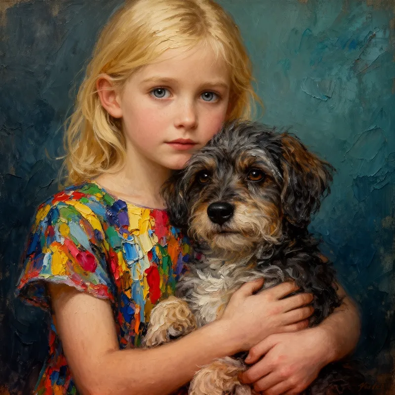 Painted Hug of Innocence - An enchanting fine art portrait of a blonde-haired girl with storm-grey eyes holding a dog close in a warm, innocent embrace. Soft lighting falls across her colorful abstract dress bursting with vibrant painted splashes, while the dog’s fur is depicted with thick impasto-like texture and rich expressive strokes. Moody blue-green background textures, subtle surrealism, folk-art inspiration, vintage undertones, and handcrafted acrylic detailing create a dreamy emotional composition. - AI image generated with Flux 2