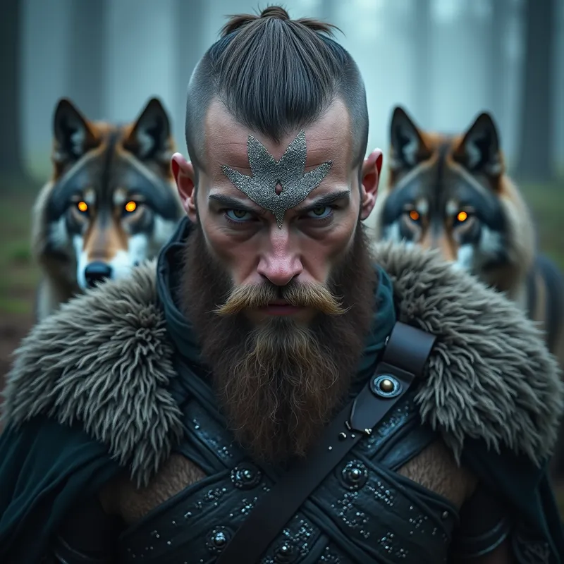 Painted Warrior in the Wild - A detailed image of a sexy Viking warrior with a short beard and dazzling silver war paint, looking intensely at the viewer. The forest behind him is alive with wolves, their glowing eyes peering through the dusk fog. - AI image generated with Photorealistic 2
