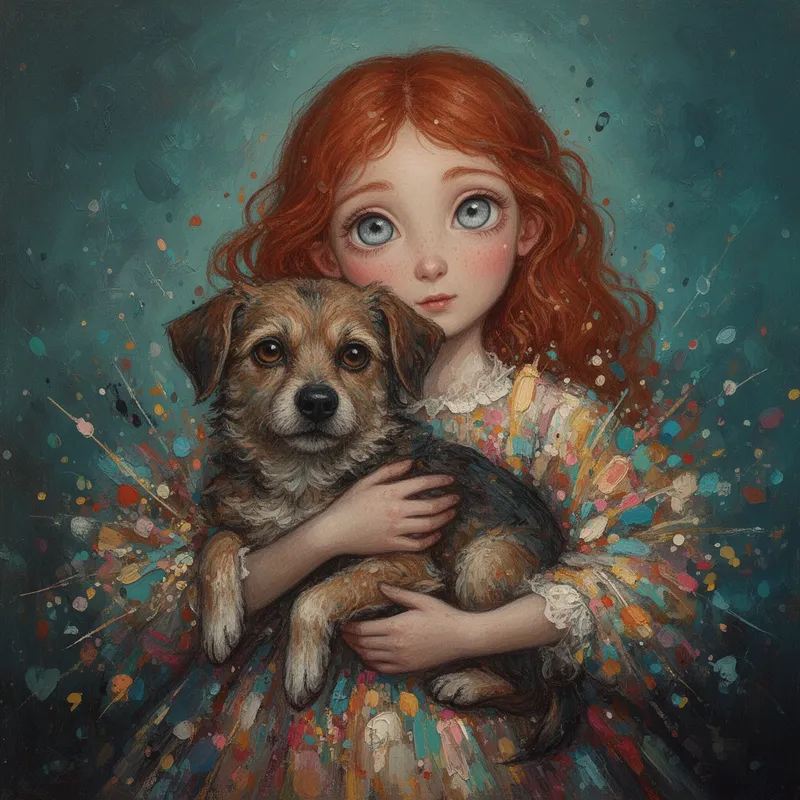 Painterly Bond - A whimsical fantasy realist portrait inspired by folk surrealism, featuring a red-haired girl with luminous storm-grey eyes holding her dog close. The composition glows with emotional warmth, her dress alive with abstract bursts of joyful color, and the dog’s coat detailed through thick layered brushstrokes and textured acrylic paint. Soft nostalgic lighting, imperfect sketch-like linework, moody teal and blue-green backdrop, handcrafted storybook elegance. - AI image generated with Flux 2