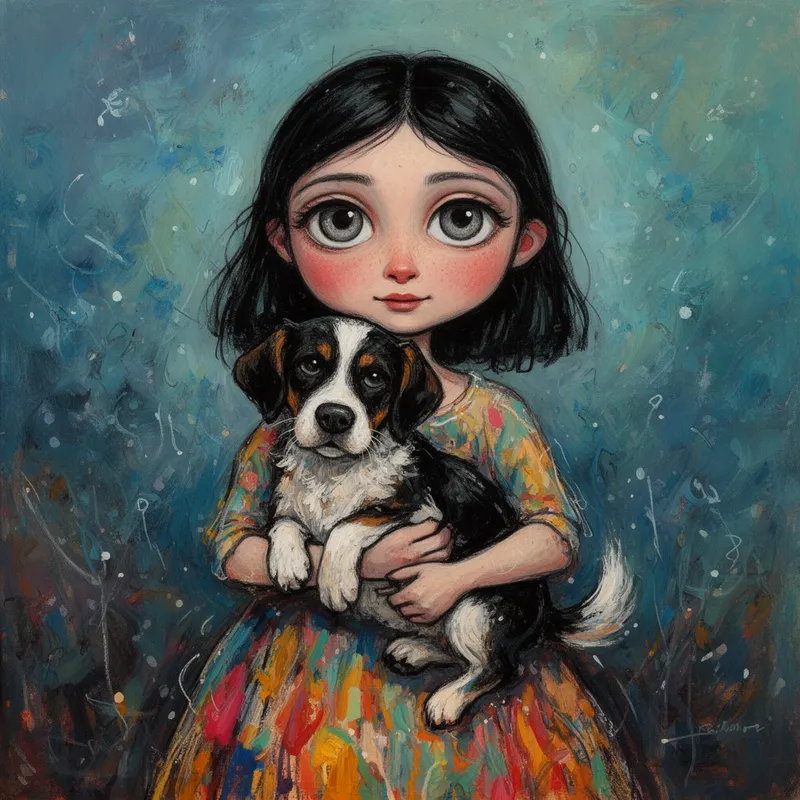 Painterly Innocence - A hand-painted acrylic style image of a dreamy young girl with black hair and storm-grey eyes holding a beloved dog close. The girl’s dress is alive with abstract joyful colours, while the dog’s coat is defined through bold heavy brushwork and layered texture. Expressive imperfect linework, oversized facial proportions, blue-green atmospheric background textures, warm emotional atmosphere, nostalgic softness, folk-inspired surreal portraiture, and fine art storybook illustration quality. - AI image generated with Flux 2