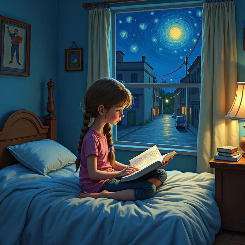 Pam's Cozy Corner - A girl named Pam is seated on her bed, braided hair falling over her shoulders, as she reads a bedtime story. The room has a soft, dim light giving it a peaceful and relaxing feeling. - AI image generated with Text - water splashes, deserted street at night, abstract