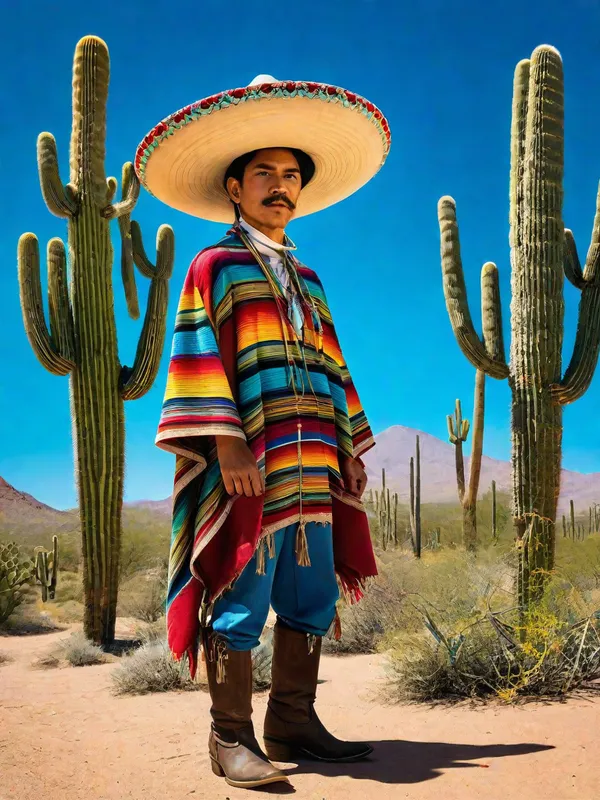 Pancho the Adventurous - An image of Pancho, a character inspired by Mexican culture, in traditional clothing including a sombrero, poncho, and boots. He stands with a confident posture, holding a lasso and surrounded by a colorful desert landscape. Cacti and vibrant flowers are scattered throughout, with a clear blue sky overhead. - AI image generated with Photorealistic