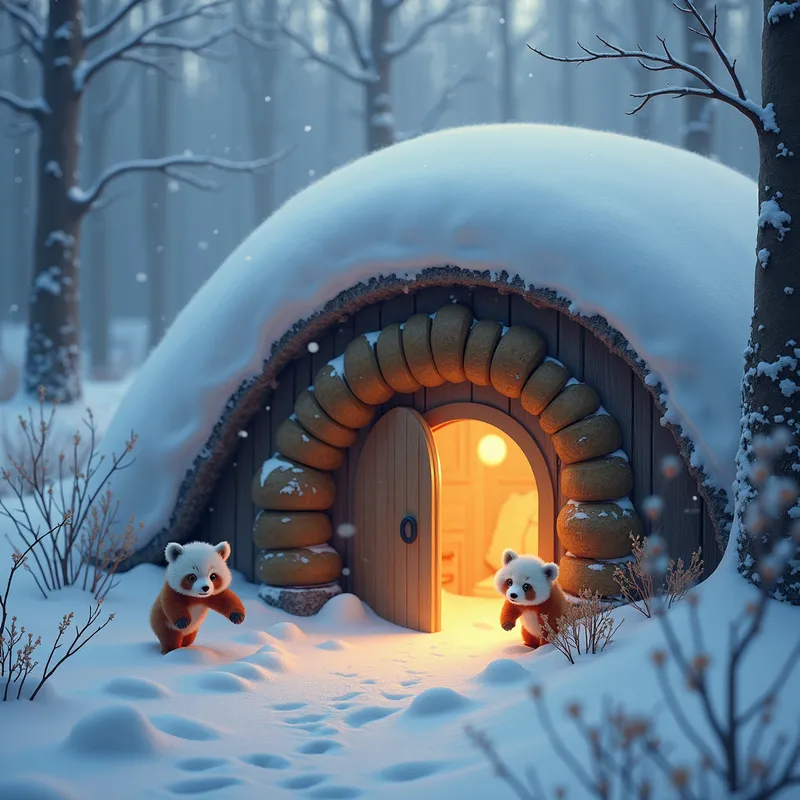 Panda Den Serenity - The cozy panda den built into a snowy hillside glows warmly from within, with faint golden light spilling through a round wooden doorway and steam rising gently into the cold air. The lower part of the scene reveals subtle animal tracks winding through the snow, contributing to the overall serene and crisp atmosphere. Emphasize realistic fur texture and hyper-detailed environment. - AI image generated with Photorealistic 2