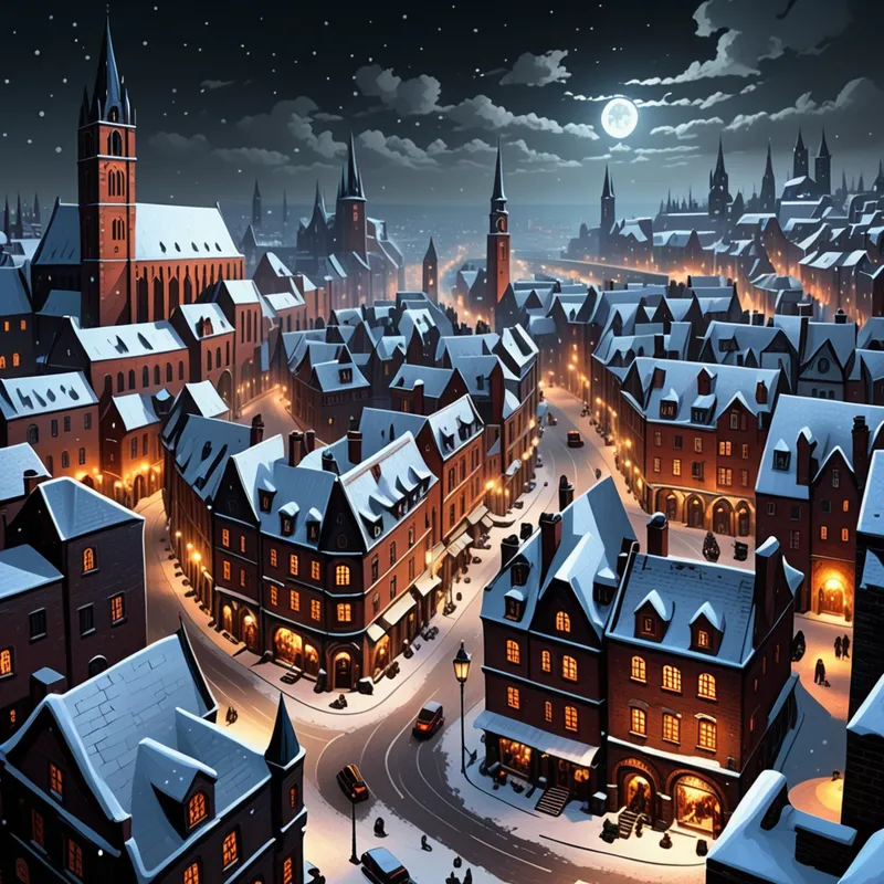 Panoramic Gothic Port at Night - a massive, busy city covered in snow. The buildings are made of brick and stone. the city has a large and bustling port. the buildings are gothic in style and imposing. - AI image generated with Fictional - panoramic view, deserted street at night, fantasy art