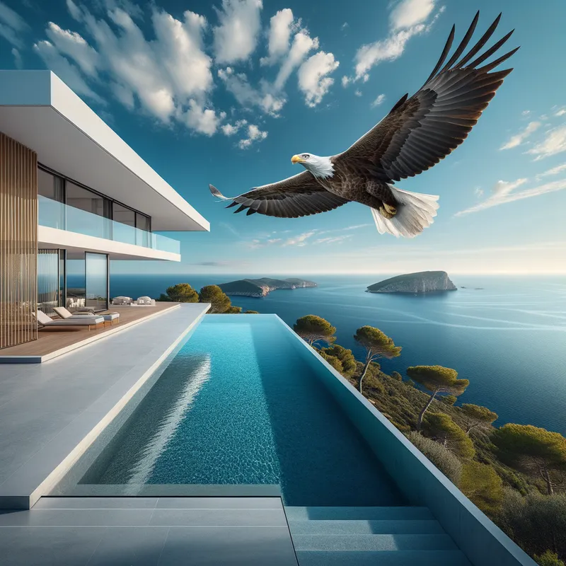 Panoramic Grandeur - A magnificent modern home showcasing a panoramic view of the ocean, its infinity pool seemingly merging with the horizon. An eagle's graceful presence adds to the awe-inspiring scene. - panoramic view