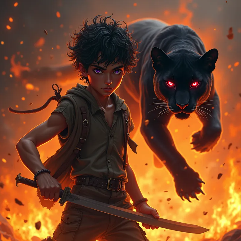 Panther's Emergence - Surrounded by blazing flames, a determined young man with tousled dark hair and piercing purple eyes holds a blade at the ready. From the fire emerges a sleek black panther, its red eyes glowing eerily in the chaos. - AI image generated with Photorealistic 2 - over-the-shoulder
