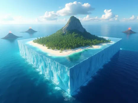 Paradise Island in Ice with Volcanoes