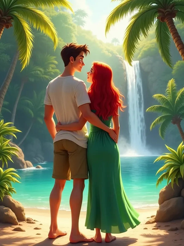 Paradise Protector - In a romantic, dreamy atmosphere, Lucas stands slightly behind Fiona, with his hand resting on her waist. Fiona's vibrant red hair and green summer dress contrast beautifully with the warm tropical colors of the paradise setting, featuring palm trees, a lagoon, and a waterfall in a semi-realistic, painterly style. - AI image generated with Photorealistic 2 - vivid colors, photorealistic