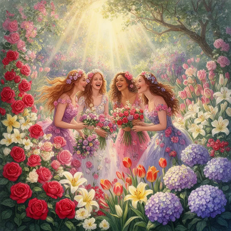 Paradise in Bloom - A richly detailed oil painting of a flourishing garden paradise filled with roses, tulips, lilies, and hydrangeas in vivid reds, pinks, purples, yellows, and whites. Several beautiful women of diverse appearance, with long flowing hair and elegant flower-inspired dresses, laugh together while picking bouquets and admiring the blossoms. Soft radiant light and sunbeams filter through the trees, bathing the scene in warmth. Use lush painterly textures, vivid colors, and expressive brushstrokes to evoke an enchanting, life-filled Eden. - AI image generated with Flux 2 - watercolor