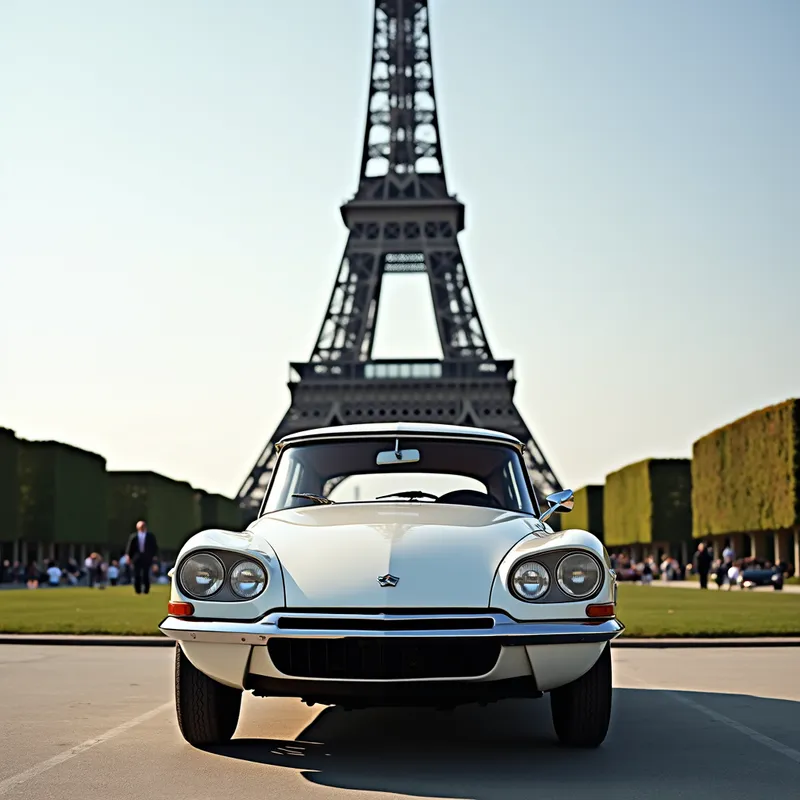 Parisian Classic - A classic Citroën DS 21 photographed in front of the Eiffel Tower on a clear day, depicting the blend of automotive and architectural elegance. - AI image generated with Photorealistic 2