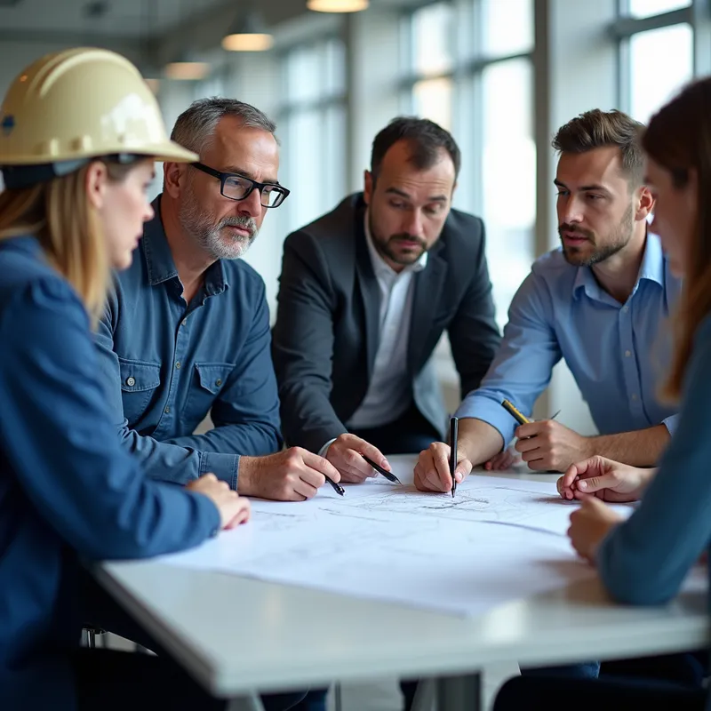 Participate in Design Discussions - Engineers gathered around a table, discussing design plans. The text states: ‘Participate in the commission for the acceptance of gas facilities and provide input during design and planning discussions.’ - AI image generated with Photorealistic 2