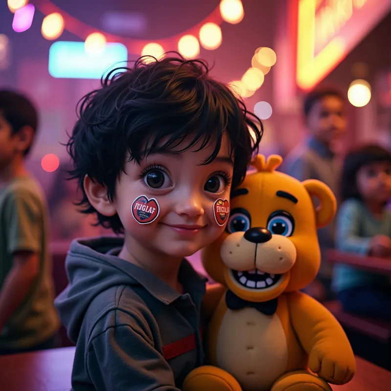 Party at Freddy's - A child with black hair and FNAF stickers on his face, with a Chica plushie beside him, amidst a fun-filled party atmosphere with other children at Freddy's Pizzeria. - AI image generated with Photorealistic 2
