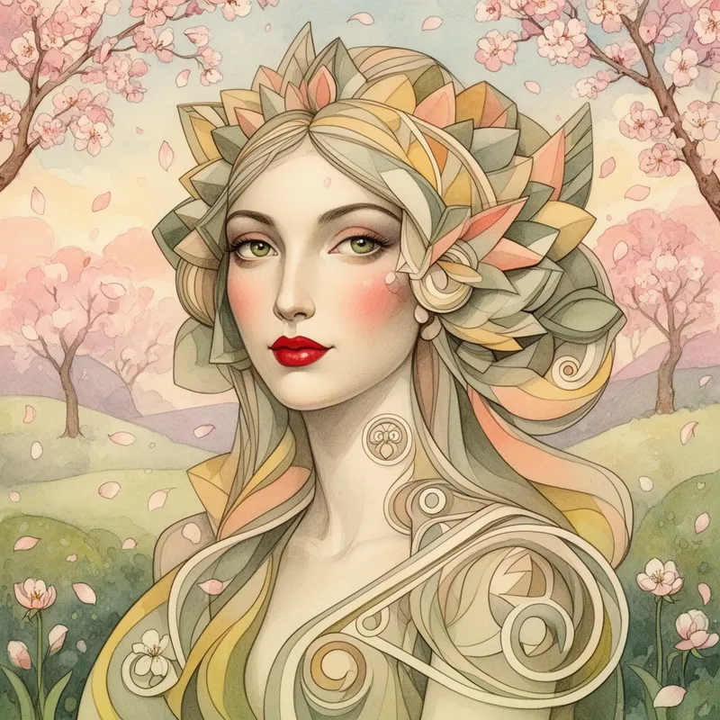 Pastel Folk Surreal Portrait - A highly detailed surrealist folk art portrait of a graceful woman, inspired by vintage illustration, Art Nouveau, and Cubism. Her face is semi-realistic with smooth porcelain skin, flushed cheeks, red lips, and expressive green eyes. Her long flowing hair merges into stylized geometric petals and curved ornamental forms. The palette includes blush pink, sage green, butter yellow, lilac, soft coral, and cream. The background shows a poetic spring garden with cherry blossom trees, floating petals, and layered pastel skies. Rich watercolor and oil paint texture, elegant abstract composition, 6500x6500 pixels, 300 DPI. - AI image generated with Flux 2