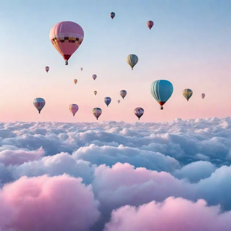 Pastel Hot Air Balloons in Dreamy Sky - Pastel-colored hot air balloons float gently amongst soft, fluffy clouds with a gradient sky that fades from soft pink to pale blue. - AI image generated with Photorealistic