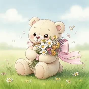 Pastel Meadow Bear Offering Flowers