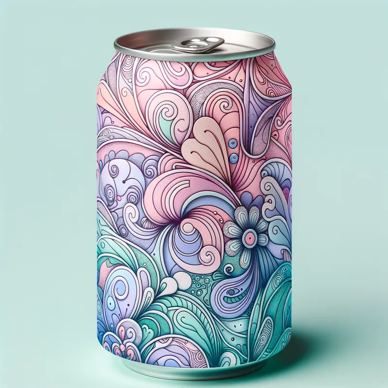 Pastel Pop Can Cover - An artistic rendering of a pastel pop can cover, featuring soft pastel colors and whimsical designs. The can cover is decorated with floral patterns and abstract shapes in a soothing pastel palette. - AI image generated with Art