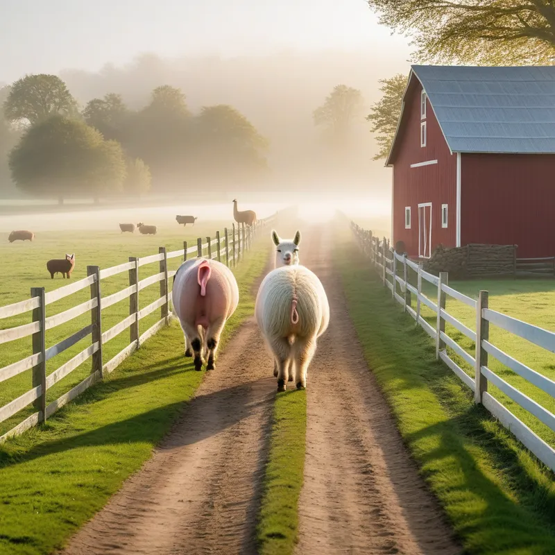 Pasture Pals - A llama and a pig walk in unison along a fence-lined path near a barn, with the early morning mist rising off the nearby fields, indicating a serene and calm atmosphere. - AI image generated with Fictional