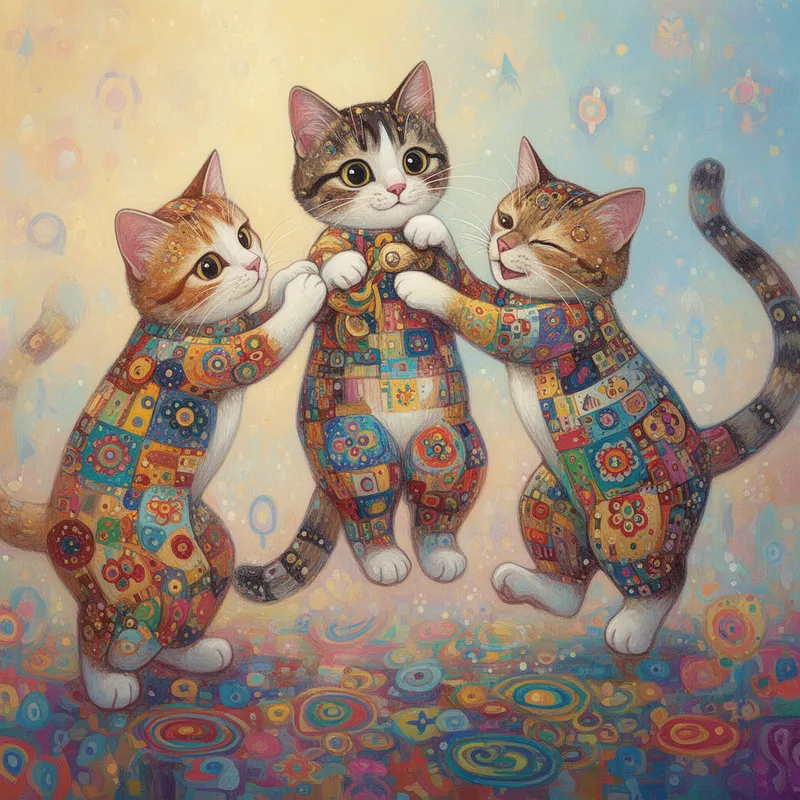 Patchwork Trio: Playful Klimt Cats - Create whimsical, high definition, high resolution, cat art featuring three full-body cats, each with detailed, colorful patchwork patterns. Use the rule of thirds. Have them playing with each other, Inspired by Gustav Klimt, but keep the focus on the cats' playful personalities. Depict the cats in a vibrant, dreamy setting with soft lighting that highlights their details. Each cat should be unique, with a range of patterns and colors that evoke fantasy and imagination. The background can include subtle elements that complement the whimsical theme without overshadowing the cats. Aim for a balance between intricate details and a playful, charming aesthetic, blending folk art influences with a distinctive, imaginative style. - AI image generated with Flux 2