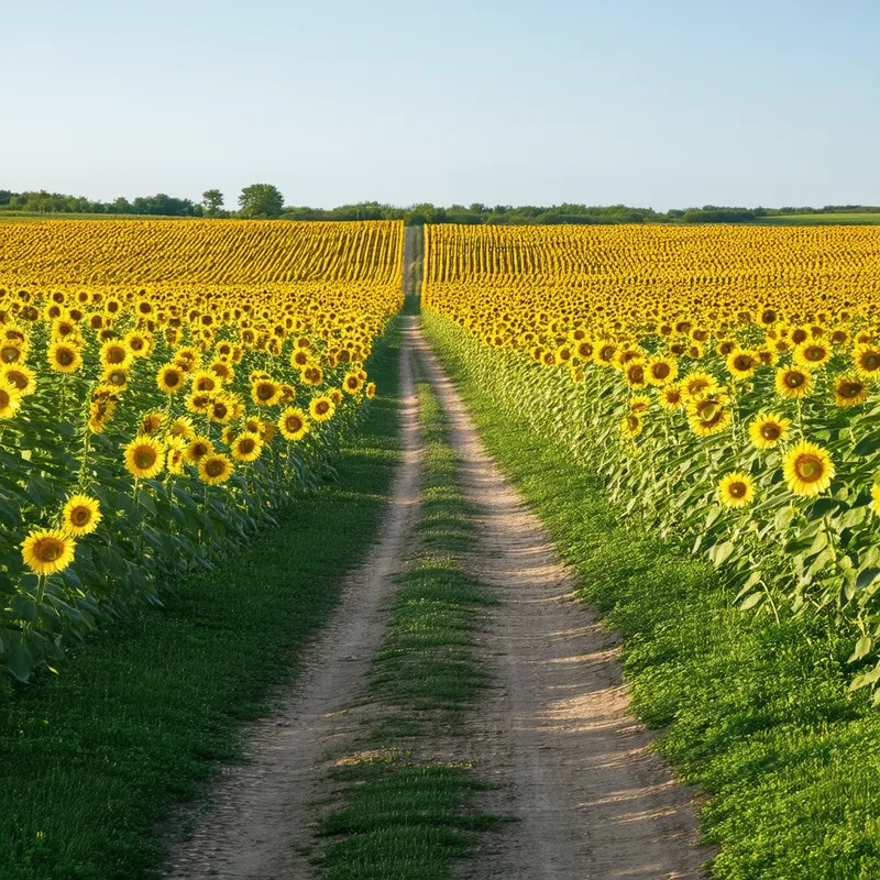 Path Through Sunflower Field - A narrow dirt path winding through a dense sunflower field, leading towards the horizon. The sunflowers on either side of the path are tall and swaying gently in the breeze.