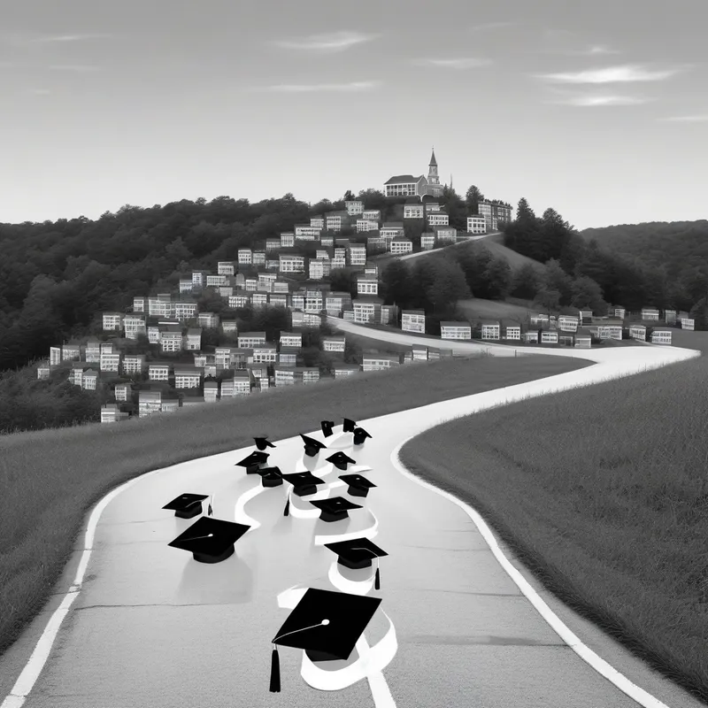 Pathway of Progress - A black and white, landscape-format image showing a winding road lined with books and graduation caps, leading from a humble village to a distant, shining university building on a hill, symbolizing the academic and professional journey of an adult educator. - AI image generated with Photorealistic - minimalist line art