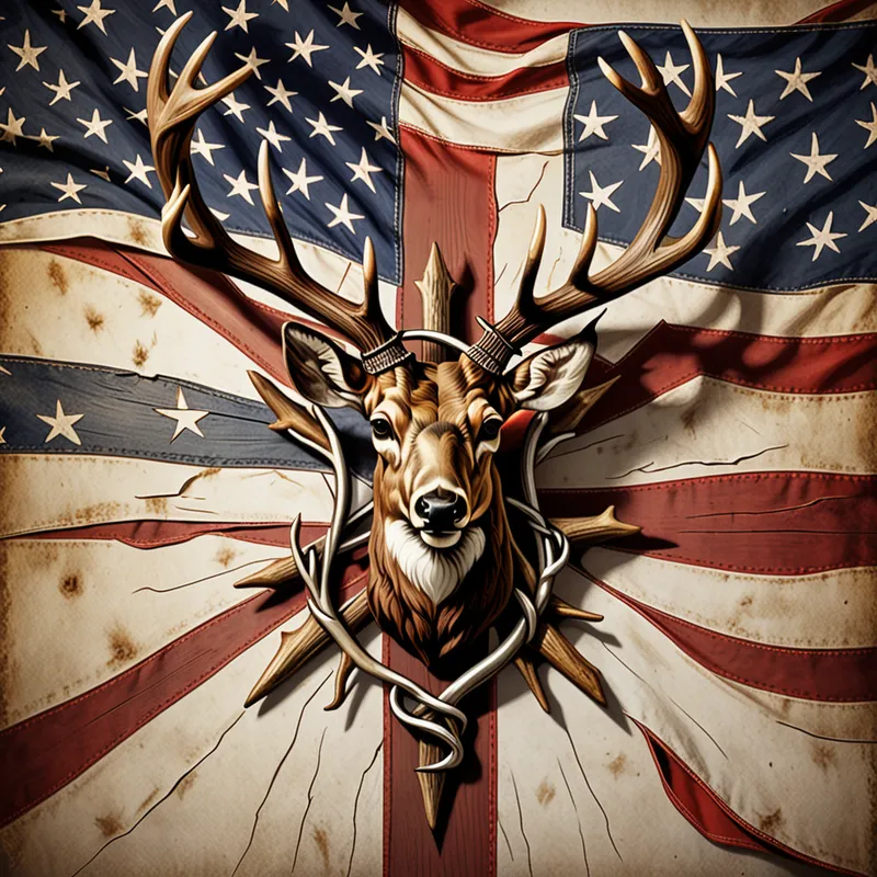 Patriotic Antler Cross - A symbolic image of a rustic Christian cross adorned with large deer antlers, set against a softly waving American flag backdrop. The artwork blends spirituality, nature, and national pride, with realistic textures and warm, reverent lighting. - AI image generated with Fictional