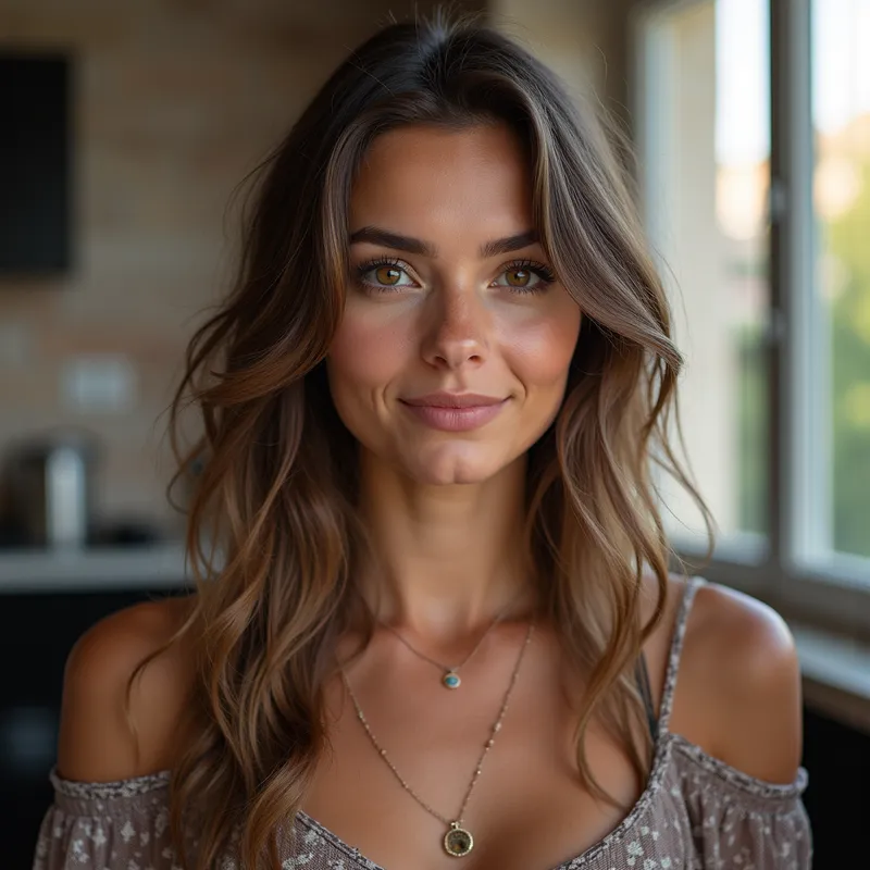 Paula: Energetic Woman in 1/3 Side View - Paulina, bo tak kobieta ma na imię, dla przyjaciół Paula, Paola, Palma, jak kto woli byleby nie Paulina. Tak na oko ma może z 25 lat, ciężko stwierdzić bo ewidentnie wygląda i zachowuje się młodziej. To nieuleczalnie zwariowana, pełna życia, o pokładach energii, wcale niemałego wulkanu. Jeździ na desce, tańczy i rapuje. Gdyby nie zaczeła zasypiać w publicznych miejscach, głównie nie wiadomo dlaczego, w centrach handlowych, to by się wcale nie kładła.
Czy to brunetka czy szatynka, a może ruda, Paula sama tego nie wie, a włosy farbuje zwykle na ciemne odcienie. Jest szczupła i drobna, choć nie zauważa się tego, dopóki nie stanie się koło niej blisko. To wszystko przez smukłość sylwetki i co widać, w jej pełnych gracji, wdzięcznych i sprężystych ruchach, gibkiej budowie. Pomimo takich głównych charakterystyk, jej ciało jest nieprzeciętnie ponętne, mając zaokrąglone, co trzeba i gdzie trzeba, a przy tym na dodatek jędrne i wytrenowane.
Twarz, Paula ma wąską, trochę pociągłą, emanującą wesołością, oraz otwartością. Oczy jak całą resztę, ma "kocie", urzekającą zielone, zmysłowe, a jednocześnie figlarne. A nieznacznie wystające kości policzkowe, tylko podkreślają i tak bijącą od niej atrakcyjność i urodę. Paola ma zgrabny zadarty nosek, nad pięknie skrojonymi, ani za małymi, ani za pełnymi, wąskimi ustami, stworzonymi zarówno, by się nimi śmiać, jak i całować. A śmieje się ona perlicie, z jej tymi drobnymi ząbkami, i wszędzie ma jakieś kolczyki, nawet w małych uszach ma prawie dziesięć, do tego w języku też nie wystarczył jej jeden, nawet miejsca pod policzkowymi kośćmi ma przebite, ciężko je choćby policzyć to nawet nie chce próbować. A jeśli chodzi o włosy to ostatnimi czasy to Palma lubi nosić czarny z purpurą i burgund. Fryzura jak najbardziej odzwierciedla jej sposób bycia, sięgające może końca łopatek włosy, ma przednie w całości na prawo stronę, odsłaniając wygolony lewy bok jej głowy, oraz jej nieduże, pełne kolczyków, ucho. - AI image generated with Photorealistic 2 - photorealistic, 1/3 side view