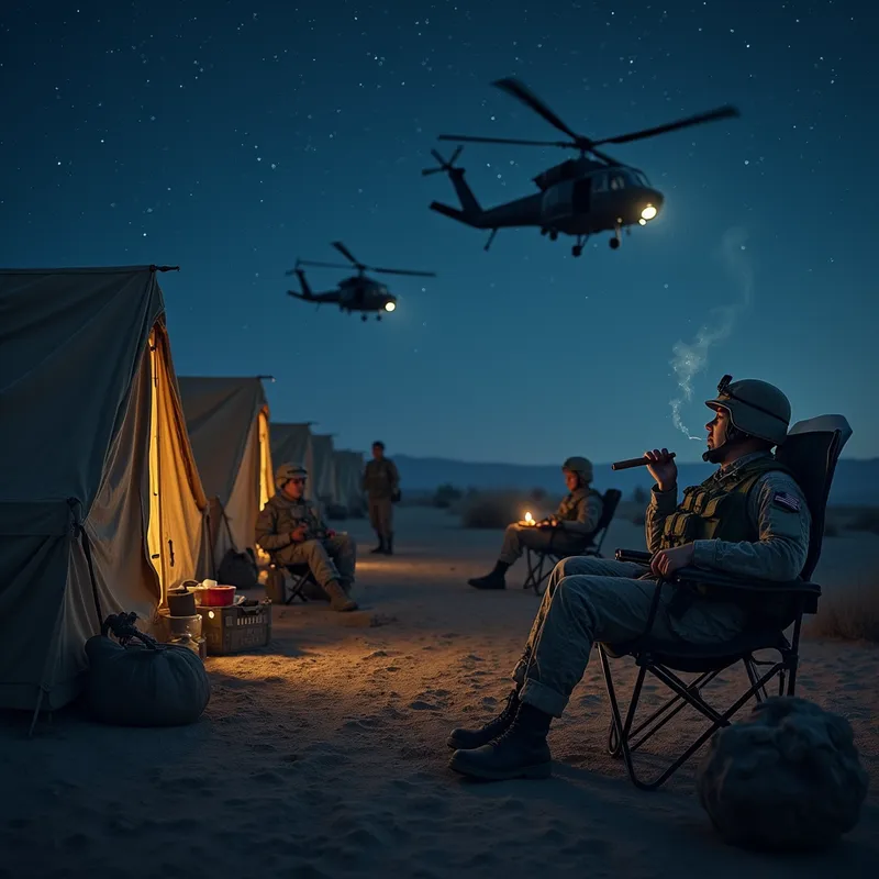 Peace Amidst Conflict - An image depicting a peaceful night amidst the chaos of war. Soldiers are seen taking a rest outside their tents, with one soldier peacefully smoking a cigar in a field chair. The night sky is filled with stars, and Black Hawk helicopters can be seen gliding through the sky like ocean predators. The scene captures a rare moment of tranquility. - AI image generated with Photorealistic 2