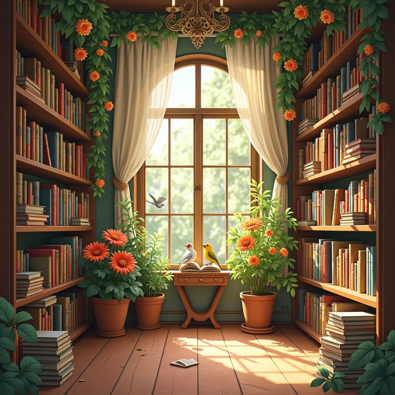 Peaceful Book Sanctuary - A heartwarming image of a welcoming library filled with books and vibrant flowers. Birds rest on the bookshelves, and the soft, warm lighting creates an atmosphere of peace and love. - AI image generated with Photorealistic 2