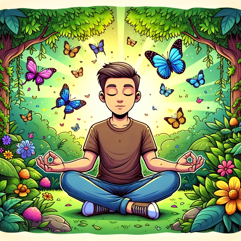 Peaceful Meditation in Nature - Alex sitting cross-legged in the garden with closed eyes, surrounded by the beauty of nature and butterflies, embodying a state of calm and tranquility. - AI image generated with Art - vivid colors, cartoony