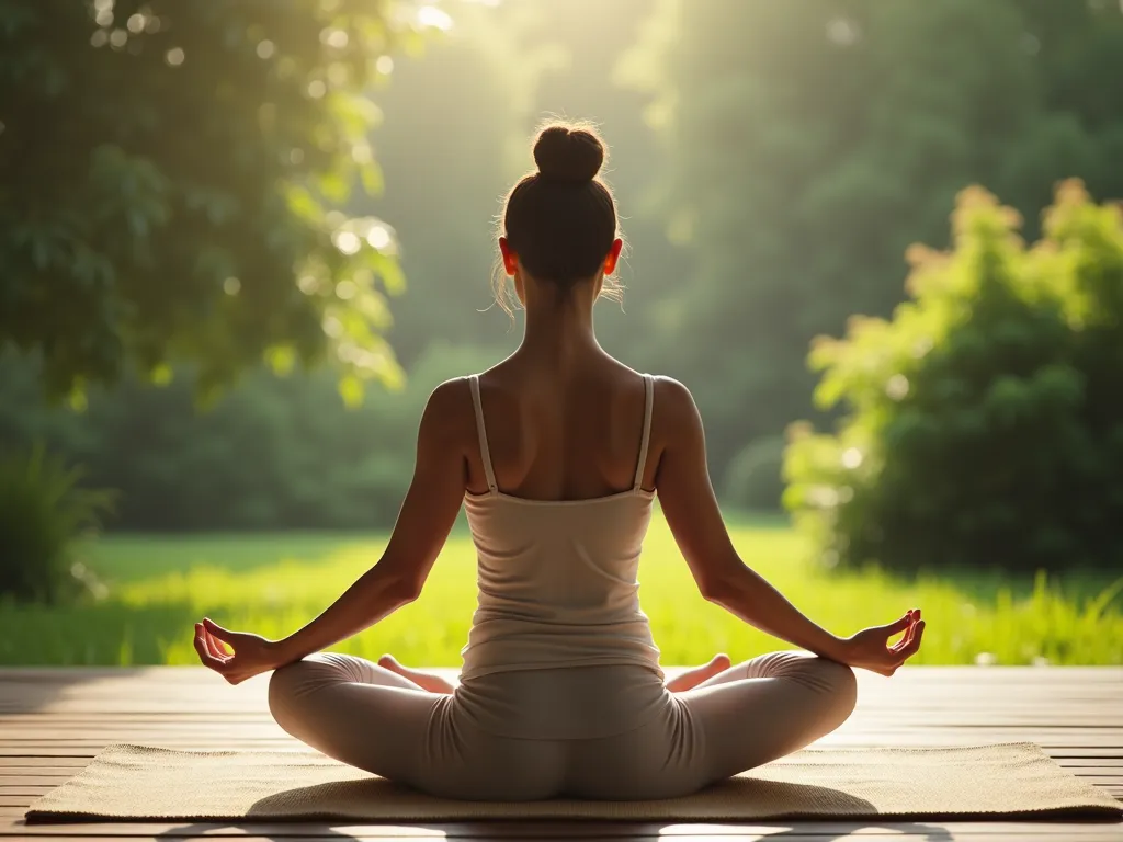 Peaceful Meditative Retreat - A hyper-realistic depiction of a person in a Padmasana pose on a comfortable mat. Their hands are placed on their knees in a mudra gesture while they are surrounded by a tranquil natural setting with greenery and soft light that heightens the meditative atmosphere. - AI image generated with Photorealistic 2