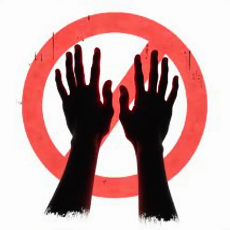 Peaceful Protest Silhouette - Artistic image on a pure white background: a pair of black silhouetted hands with bright red blood dripping from the fingertips, set behind a bold red prohibition sign (circle with a diagonal line), symbolizing a refusal to take part in violence. - AI image generated with Photorealistic 2