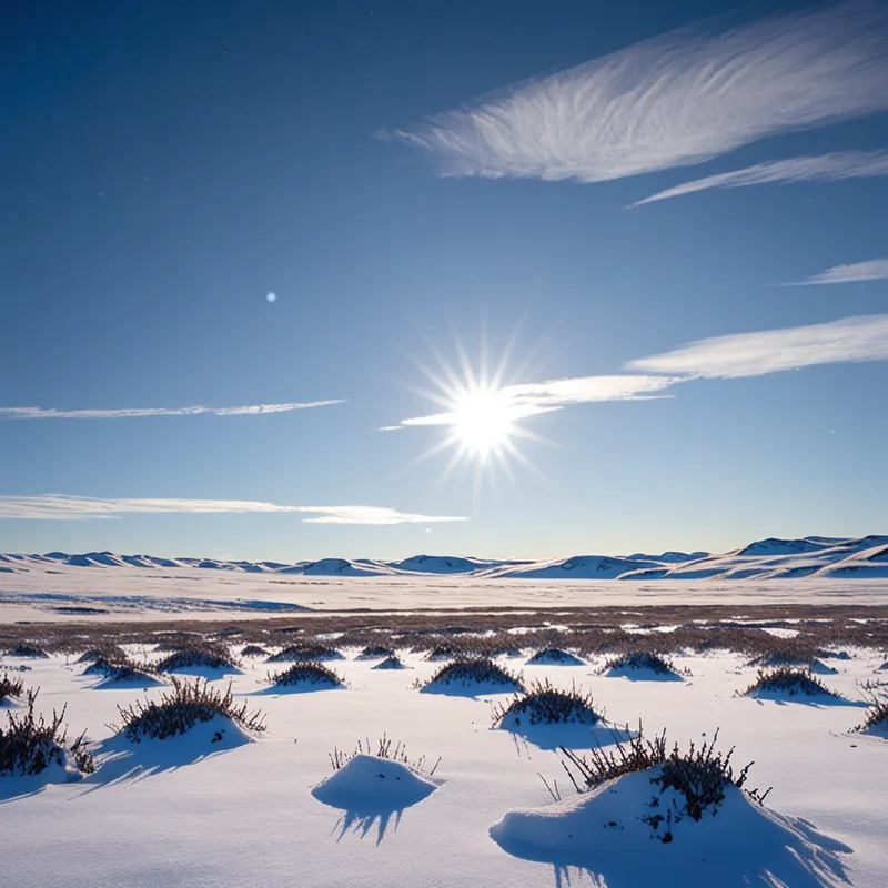 Peaceful Snowy Tundra - a snowy tundra with a clear blue sky overhead, the scene seems peaceful and calm. - AI image generated with Fictional