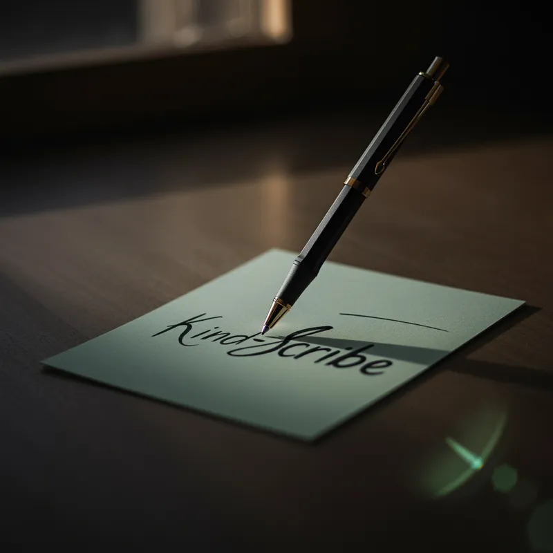 Pen and Paper Harmony - A harmonious logo design displaying a pen writing on paper with the words 'Kind-Scribe' elegantly integrated. Choose a soft color palette such as pastel greens and blues to convey peace and creativity. - AI image generated with Imagen 3 - lens flare, chalk