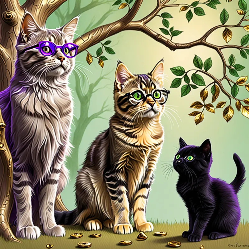 Pencil Chat: Tabby, Black Cat, Dog & Owl - createra a image of a brown and gray tabby kitten with gold eyes standing with a adult black cat with green eyes talking to a golden retriever add a purple owl in a tree with round glasses joining the conversation
- AI image generated with Fictional - pencil drawing, high resolution digital art style