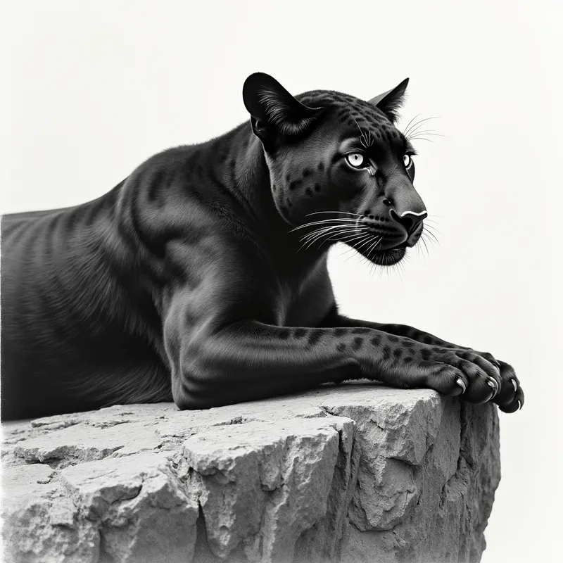 Pencil Drawing of Leopard on Cliff - grayscale realistic pencil drawing of a black leopard laying on a rocky cliff side - AI image generated with Photorealistic 2