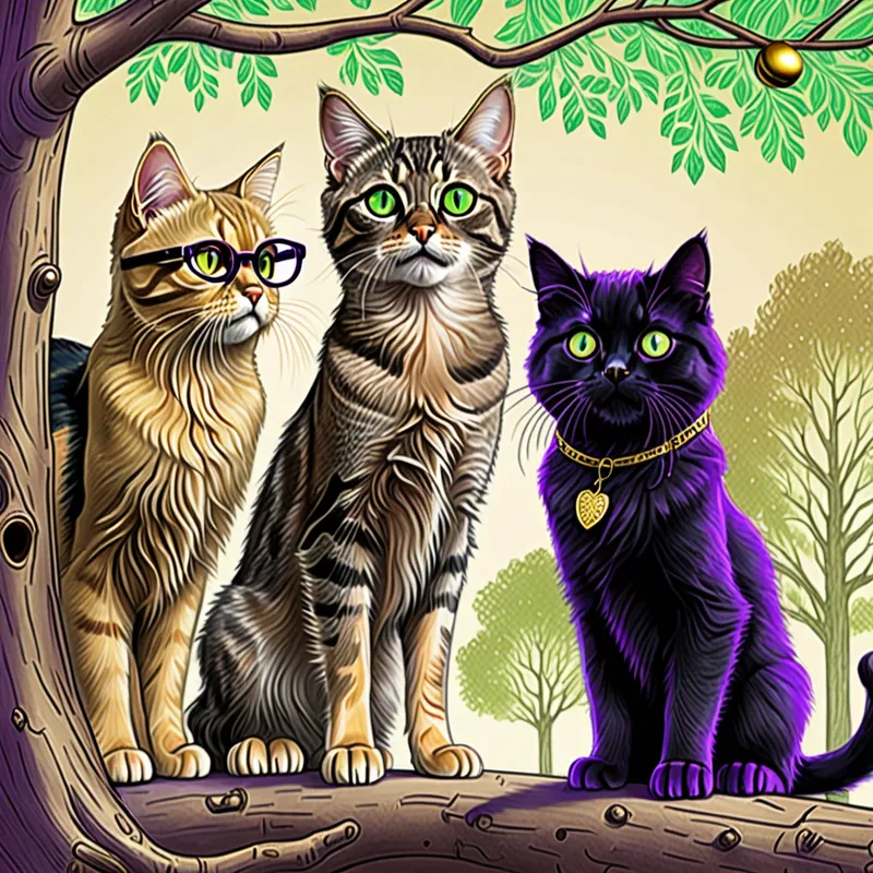 Pencil Sketch: Kitten, Cat, Dog & Owl - createra a image of a brown and gray tabby kitten with gold eyes standing with a adult black cat with green eyes talking to a golden retriever add a purple owl in a tree with round glasses joining the conversation
- AI image generated with Fictional - pencil drawing, high resolution digital art style